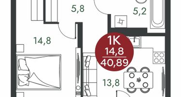 1-к. квартира, 40 м²