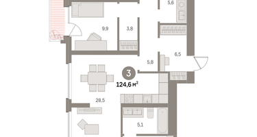 3-к. квартира, 124 м²