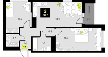 2-к. квартира, 60&nbsp;м²