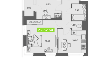 2-к. квартира, 52&nbsp;м²