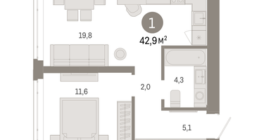 1-к. квартира, 42&nbsp;м²