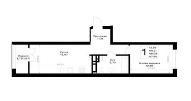 1-к. квартира, 46&nbsp;м²