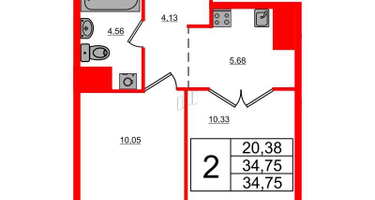 2-к. квартира, 34&nbsp;м²