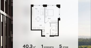 1-к. квартира, 40 м²