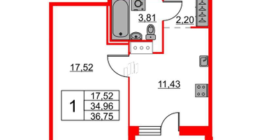1-к. квартира, 36&nbsp;м²