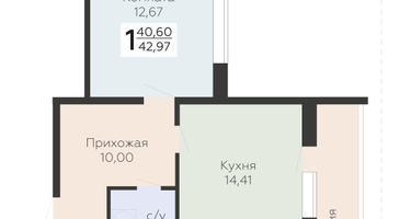 1-к. квартира, 42&nbsp;м²