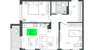 2-к. квартира, 59 м²
