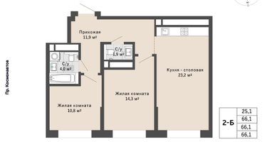 2-к. квартира, 66&nbsp;м²