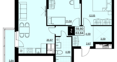 2-к. квартира, 61&nbsp;м²