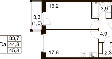 1-к. квартира, 44&nbsp;м²