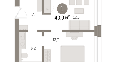 1-к. квартира, 40&nbsp;м²