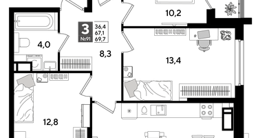 3-к. квартира, 68 м²