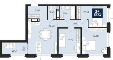 3-к. квартира, 86&nbsp;м²