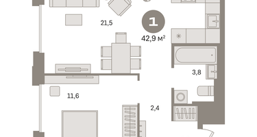 1-к. квартира, 42&nbsp;м²