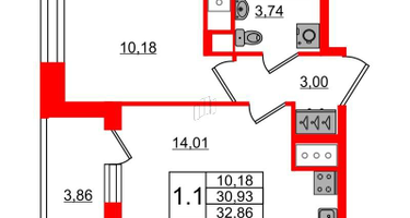 1-к. квартира, 30&nbsp;м²