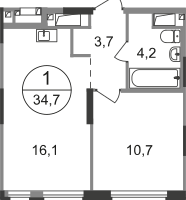 1-к. квартира, 34&nbsp;м²