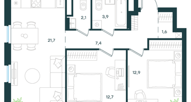 2-к. квартира, 62&nbsp;м²