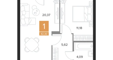 1-к. квартира, 42&nbsp;м²