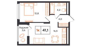 1-к. квартира, 41&nbsp;м²