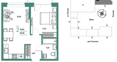 2-к. квартира, 42&nbsp;м²