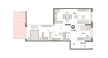 2-к. квартира, 93&nbsp;м²
