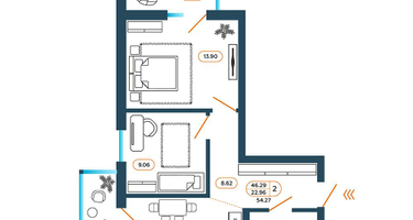 2-к. квартира, 54&nbsp;м²