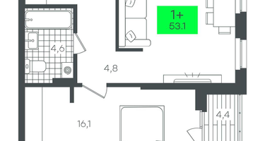 1-к. квартира, 53&nbsp;м²