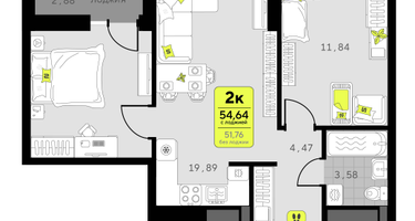 2-к. квартира, 54 м²