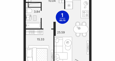 1-к. квартира, 60 м²