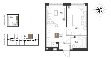 1-к. квартира, 34 м²