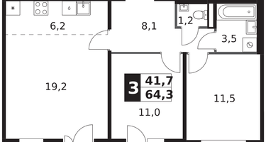 3-к. квартира, 64&nbsp;м²