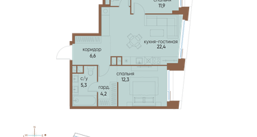 2-к. квартира, 66&nbsp;м²