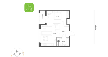 1-к. квартира, 44&nbsp;м²