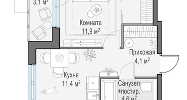 1-к. квартира, 33&nbsp;м²