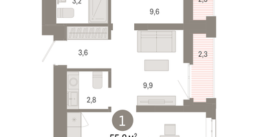1-к. квартира, 55&nbsp;м²