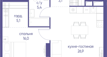 1-к. квартира, 58&nbsp;м²