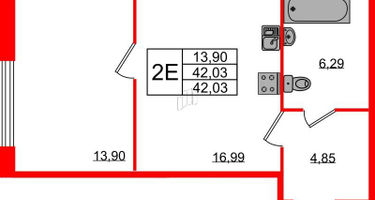 1-к. квартира, 42&nbsp;м²