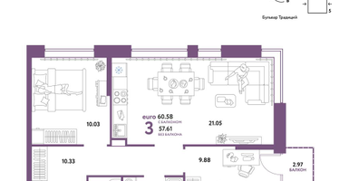 3-к. квартира, 60 м²