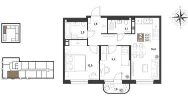 2-к. квартира, 55&nbsp;м²