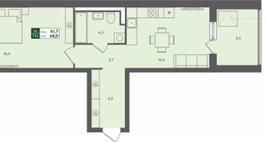 1-к. квартира, 61 м²