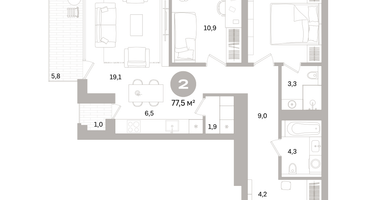 2-к. квартира, 77 м²
