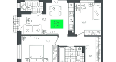 2-к. квартира, 57&nbsp;м²