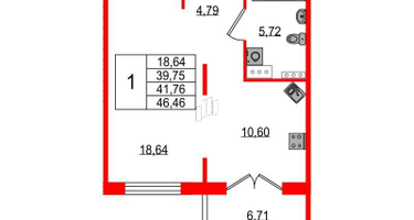 1-к. квартира, 39&nbsp;м²
