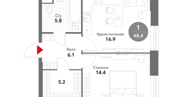 1-к. квартира, 48&nbsp;м²