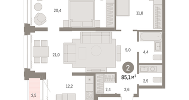 2-к. квартира, 85 м²