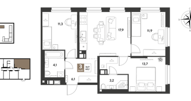 3-к. квартира, 68 м²