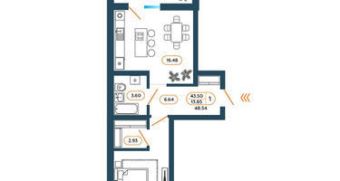 1-к. квартира, 48&nbsp;м²