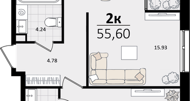2-к. квартира, 55 м²