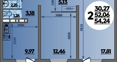 2-к. квартира, 54&nbsp;м²