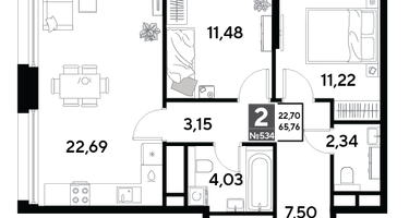 2-к. квартира, 65&nbsp;м²